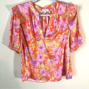 Current Air Floral Blouse Orange Pink short sleeve bright lightweight flowy